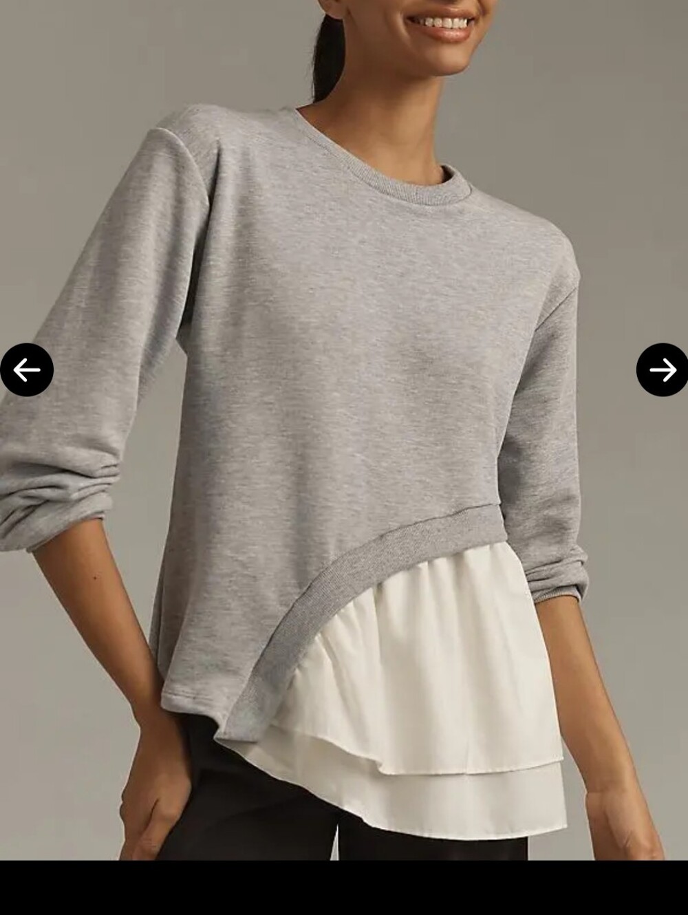 Maeve Asymmetrical Twofer Gray Crewneck Sweatshirt with Cream Layered Ruffle Hem